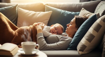 Mother Lying on Couch with Baby Sleeping on Chest in Cozy Living Room with Soft Cushions