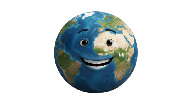 Cartoon Earth Globe with a Smiling Face and Expressive Eyes.