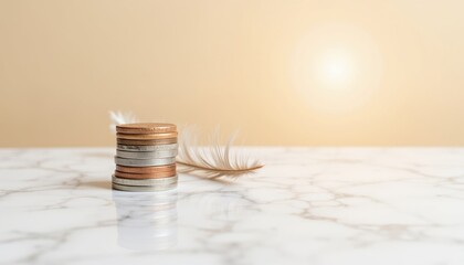 Stacked coins on marble surface with feather and soft lighting  