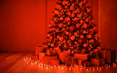 Festive christmas tree with red ornaments and gifts in warm red light