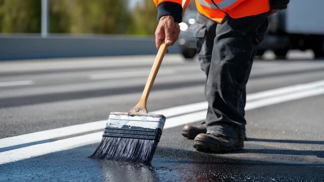 Worker applying asphalt sealant with brush, close-up on sticky texture and precise application