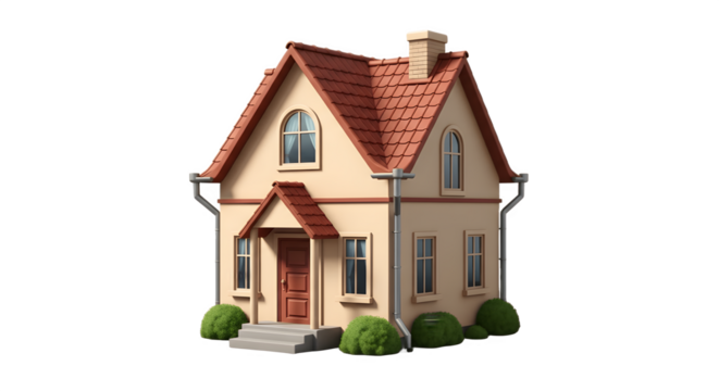 Charming Cartoon House with Red Roof and Green Bushes.