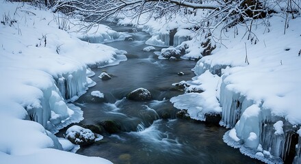 Icy Stream Flowing Through Snowy Landscape
