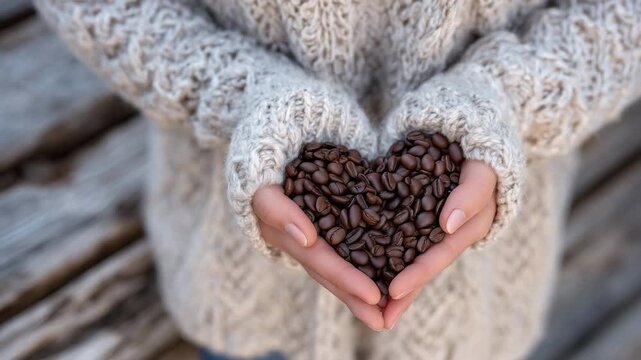 Woman&rsquo;s hands in warm light forming a heart shape around roasted coffee beans on rustic planks, coffee stains and natural imperfections adding charm