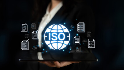 Naklejka premium Concept of ISO certification for business quality management. This international standard ensures compliance, process control, and assurance for products and services. Fermion
