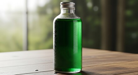 Invigorating emerald elixir in a sleek bottle against a blurred backdrop