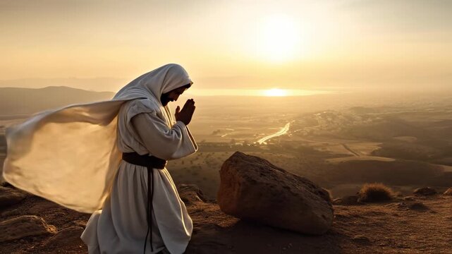 Man in desert robe looking over vast landscape and kneeling to pray at sunrise, biblical religious concept