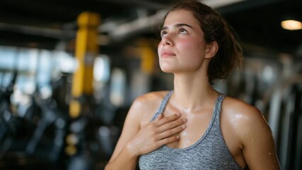 Young woman pausing mid-exercise, hand on chest, sweat glistening, blurred gym background with weights and machines, dramatic shadows highlighting muscle tension and distress