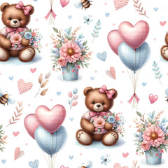 Watercolor Teddy Bear Seamless Pattern with Hearts Balloons Flowers, Cute Valentine's Day Background 