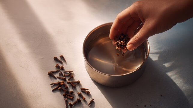 Hand adding cloves to a bowl of water in sunlit kitchen setting