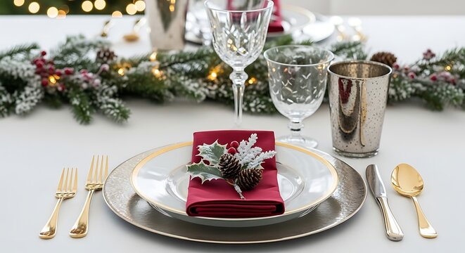 Elegant Christmas Holiday Table Setting with Gold Cutlery and Red Napkin