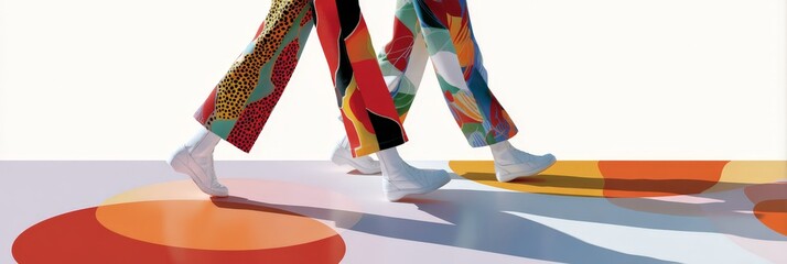 Colorful patterned pants and white sneakers on geometric art floor