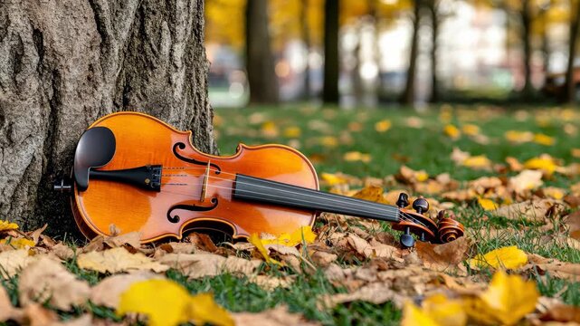 Beautiful violin resting on colorful autumn leaves under a tree in a serene park setting
