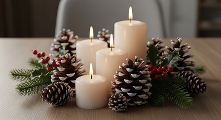 Festive Christmas Candle Arrangement with Pinecones and Holly on Wooden Table