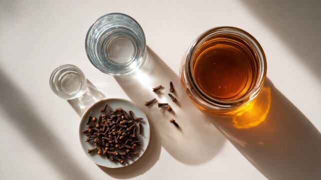 Herbal health elixir with cloves and light shadows for wellness concepts