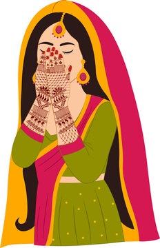 Indian wedding bride showing mehendi on hands for mehendi sangeet ceremony vector illustration