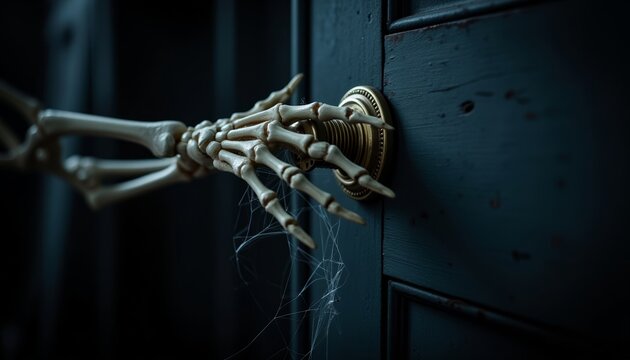 Skeleton hand reaching for doorknob in a dark environment   - Powered by Adobe