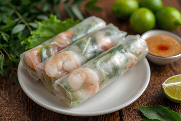 Fresh Vietnamese spring rolls on a white ceramic plate with shrimp and herbs