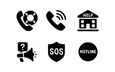 Emergency communication icons: call, help center, sos, hotline in modern silhouette style