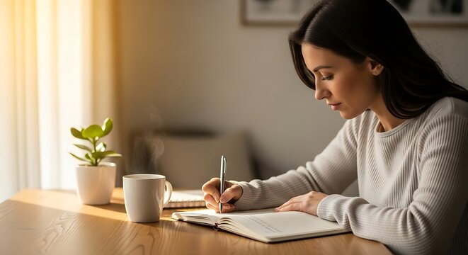 Young Woman Writing in Notebook Sitting at Wooden Table in Bright Room
