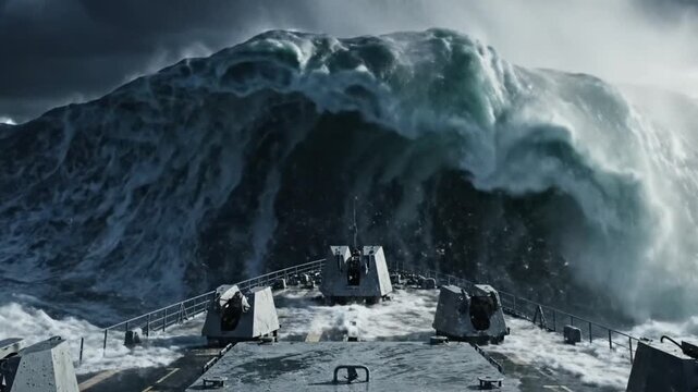 Dramatic view from the bow of a ship navigating through towering ocean waves during a storm