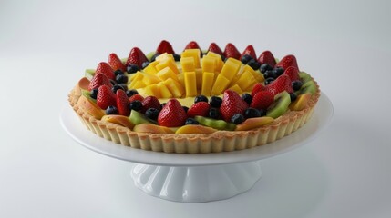 Fruit Tart with Assorted Fresh Fruits on White Cake Stand in Bright Studio