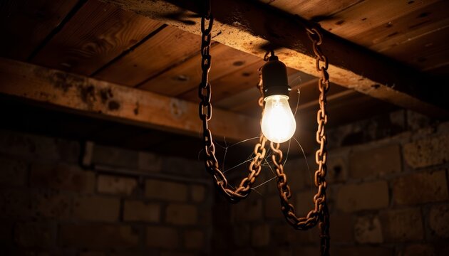 Vintage light bulb hanging from wooden ceiling with chains in dark room   - Powered by Adobe