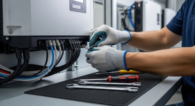 Technician Working on Electrical Equipment with Tools.