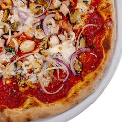 Pizza frutti di mare seafood, mozzarella mussels octopus squid, salmon, shrimp