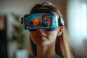 Young person immersed in colorful futuristic experience wearing VR headset, generative AI entertainment