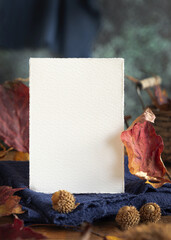 Card on wood near autumn dried leaves closeup, wedding and party mockup in blue, red and orange