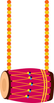 decorative dholak with marigold garlands for wedding function backdrop
