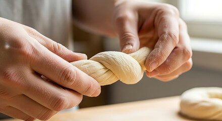 Baker shaping raw dough into a braided knot, making sweet pastries