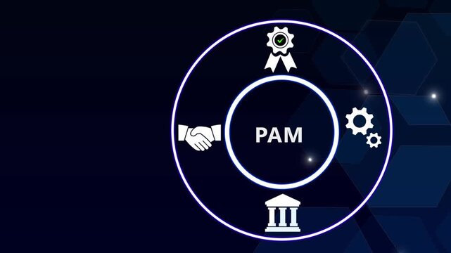 PAM acronym, privileged access management system concept, software is a cybersecurity solution designed to secure and manage privileged accounts within an organization. Business concept background.