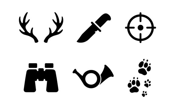 Hunting icons collection: antlers, knife, scope, binoculars, horn, paw prints