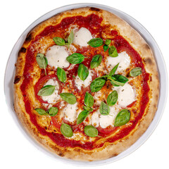 Caprese pizza tomatoes, mozzarella and basil on light wooden table