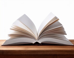 Fototapeta premium open book on wooden table isolated on white background