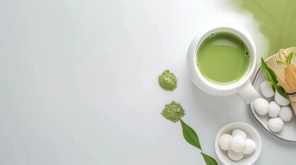 Green Matcha Tea with White Sugar Cubes and Natural Ingredients on White Surface