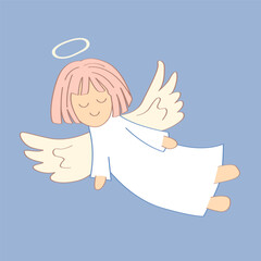 Cartoon angel. Vector illustration of flying baby pink hair angel for Christmas holyday decoration
