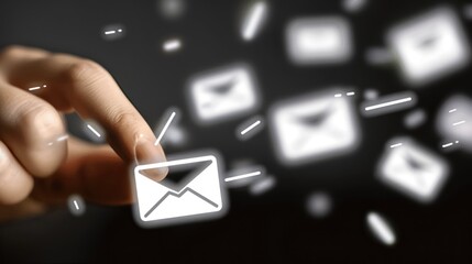 Hand Touching Email Icon with Digital Mail Symbols in Motion Modern Technology Concept