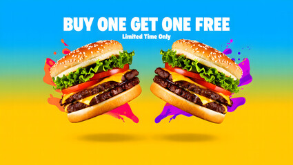 Burger Buy One Get One Free: The image shows a visually appealing fast-food promotion of two juicy burgers with lettuce and tomato and cheese in between.
