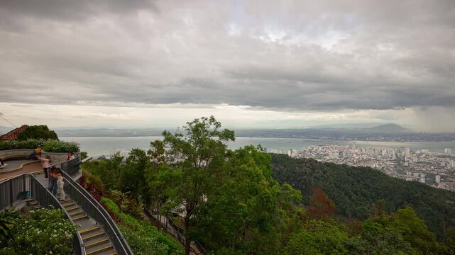 day time storm sky penang island george town bay famous mountain park top view point terrace panorama 4k timelapse malaysia