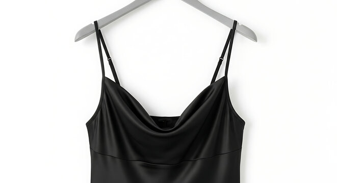 Close up view of a black satin cowl neck camisole top on a hanger against a white background showcasing the elegant drape and luxurious silky fabric for evening wear catalogue & intimate appareral