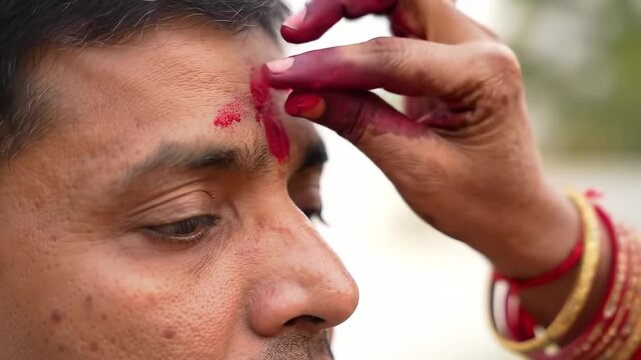 Applying Sacred Tilak Indian Cultural Ritual Blessing.