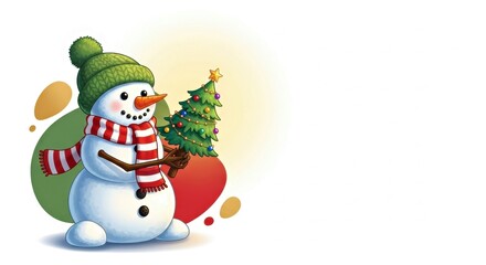 Cheerful snowman wearing a green hat and red scarf, holding a decorated Christmas tree, set against a colorful abstract background, embodying festive holiday spirit and joy