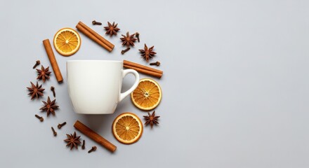 White ceramic cup surrounded by dried orange slices, cinnamon sticks, and star anise, arranged artistically on a soft gray background, creating a warm and inviting atmosphere for seasonal beverages