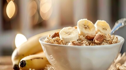Healthy Banana Oatmeal Breakfast Bowl with Nuts and Fresh Fruit in Bright Kitchen