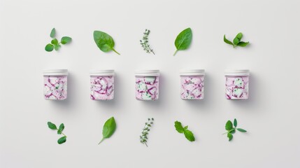 Herbal Supplements with Fresh Green Leaves and Glass Jars on White Background