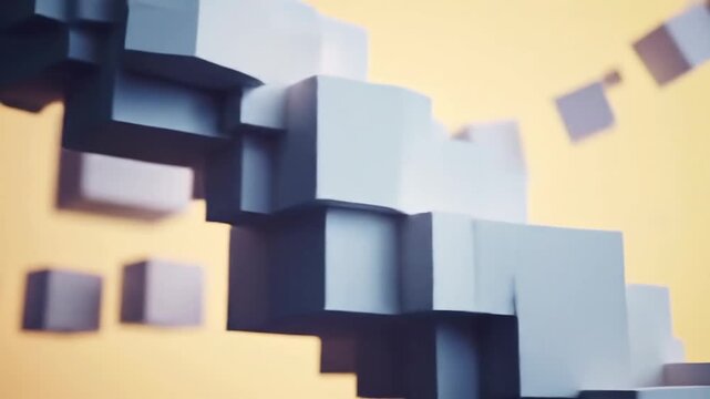 Abstract composition of floating light gray cubes against a soft yellow gradient backdrop, blurred focus, dynamic perspective