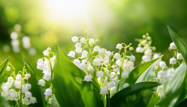 Flower Spring Sun White Green Background Horizontal Lily Of The Valley Sun Rays Fall On Beautiful Spring Blooming Flower Ecological Background Blooming Lily Of The Valley On Green Grass Background